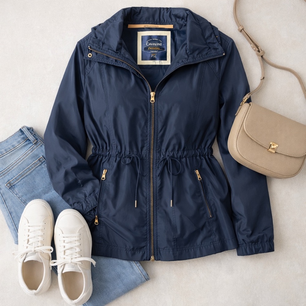 Cavalini‎ Navy Windbreaker Jacket Petite XL Cinch Waist Lightweight